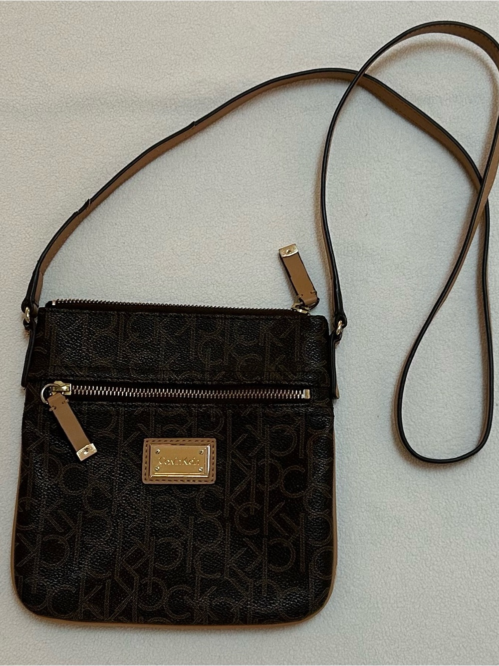 Calvin Klein Brown Logo Crossbody with Gold Accents